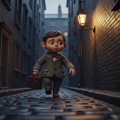 Young Boy in Suit Walking Down a Dark, Cobblestone Alley at Dusk.