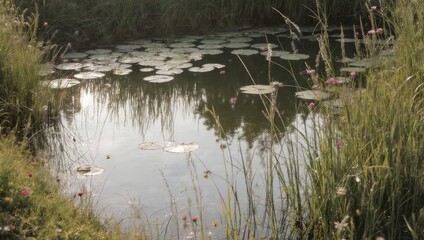 Obraz premium Serene pond with lily pads and surrounding greenery reflecting sunlight.