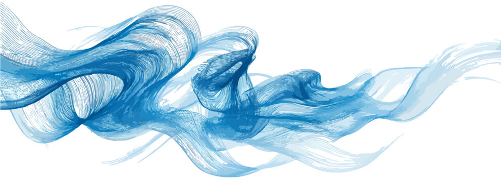 Vetor abstrato de fuma&ccedil;a ou tinta azul fluindo horizontalmente com linhas finas sobre fundo branco.