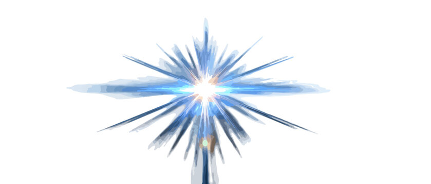 Vetor de explos&atilde;o de luz azul brilhante com raios estelares e efeito flare isolado em fundo branco.