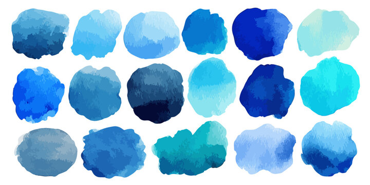 Cole&ccedil;&atilde;o de manchas aquarela em tons de azul, incluindo turquesa, cobalto e azul celeste, para design.