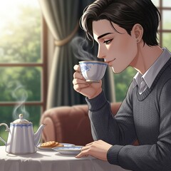 Young Man Enjoying a Steaming Cup of Tea by a Sunny Window.