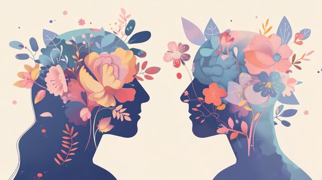 Artistic of two people with flower headpieces in a heart shape.