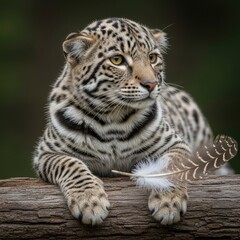 Young Ocelot Resting on a Log with a Feather, Wildlife Portrait.