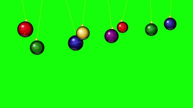 Swinging colorful Christmas ornament balls animation on green screen background