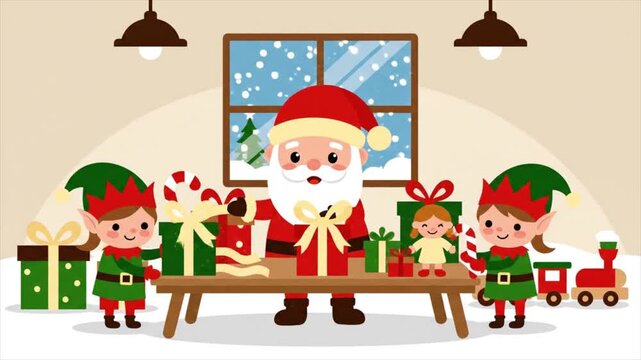 Jolly Santa Claus and his diligent elves busily prepare and wrap festive gifts in a cozy, snowy Christmas workshop, spreading holiday cheer and magic for children worldwide