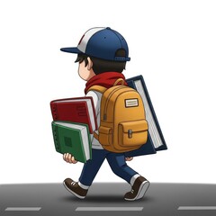Young student carrying books and backpack walking on the road.