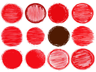 Cole&ccedil;&atilde;o de doze selos circulares vermelhos riscados, pinceladas com efeito grunge e fundo transparente.