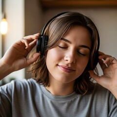 Young Woman Enjoying Music with Headphones.