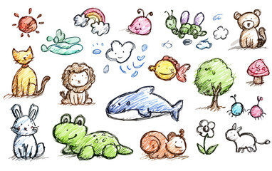 Obraz premium Coleção de desenhos infantis fofos de animais, natureza e clima em estilo rabisco com fundo transparente.