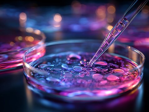 Close Up of Pipette Adding Liquid to Petri Dish with Blue and Purple Lighting