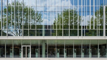 Obraz premium Modern Glass Building Facade Reflecting Surrounding Trees