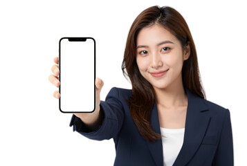Woman with blue blazer and white shirt holds smartphone, mobile concept	