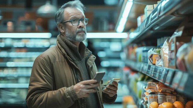 A man standing in a supermarket aisle looking at his phone. He is wearing glasses and a winter coat. The shelves are filled with various packaged food items.