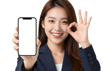 Woman with blue blazer and white shirt holds smartphone, mobile concept	