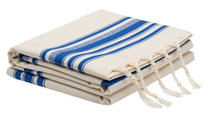 Textile garment for religious rites, featuring classic blue stripes and knotted fringes, carefully folded to symbolize spiritual heritage and contemplative practices