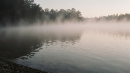 Fototapeta premium Misty Morning Lake Serenity with Forest Reflection.