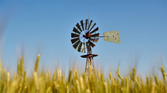 vintage windmill standing proudly amidst a field of golden wheat under a clear blue sky, symbolizing traditional rural life