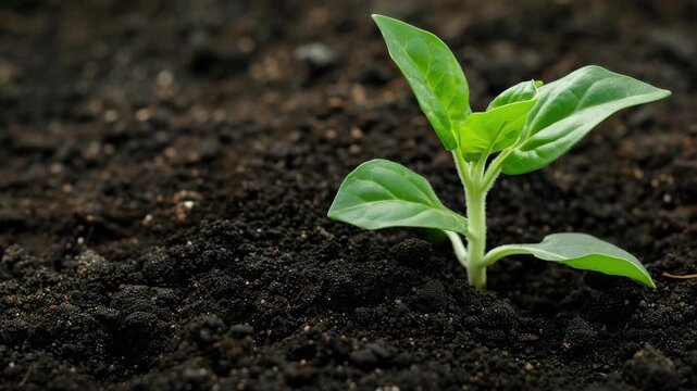 The shows a small seedling sprouting from the soil, representing new growth and potential for future development. The focus is on the young plant with its green leaves just beginning to unfold