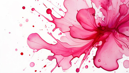 A burst of pink paint splatters across a white canvas, showcasing dynamic movement and artistic creativity. The vivid colors create an energetic atmosphere. Generative AI.