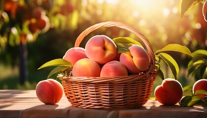 Fresh Ripe Peaches In A Basket On A Sunny Summer Day