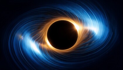 A Black Hole With A Swirling Accretion Disk Glowing In Blue And Gold Light Effects Against The Dark Background