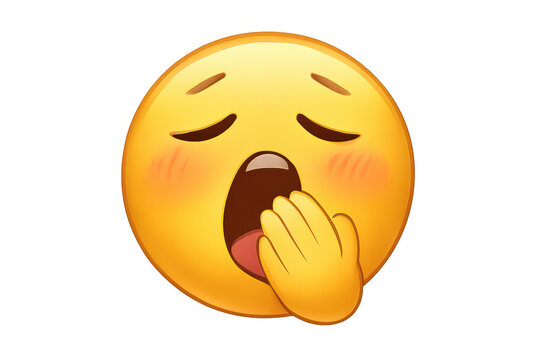 Yawning yellow emoji face covering mouth, feeling tired, sleepy, bored, and exhausted with fatigue