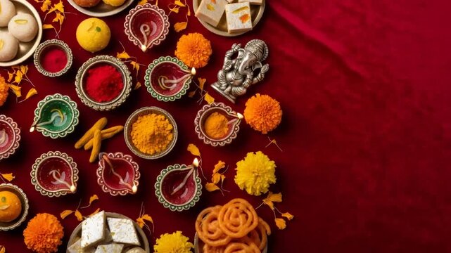 Traditional Indian holiday festival celebration display with sweet food, lit diya lamps, turmeric, and marigold flowers for Diwali.