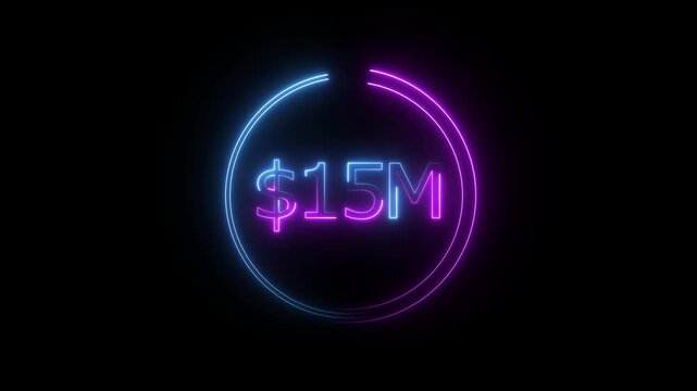 $15 Millions Glowing neon line Letter Icon animation. $15M achievement for business Work, 15M followers and subscribers on black background animation.