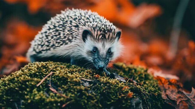 A small hedgehog standing on a rock surrounded by red foliage.