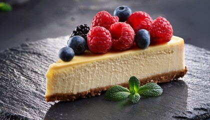 Delicious Cheesecake Slice With Berries And Mint On A Dark Slate Plate Dessert