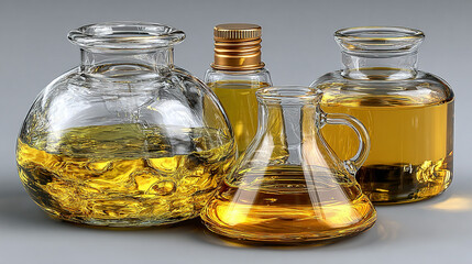 Various glass containers filled with golden liquid, likely oils or perfumes.