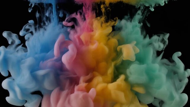 Colorful ink plumes expanding in water against a black background.