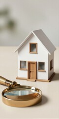 Mini house model on desk, magnifying glass nearby for detailed inspection or real estate focus.