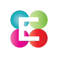 this is a letter logo design of initial E on a four circle round shape in different colors that looks good on a white background