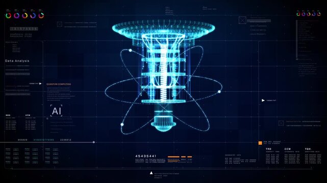 Futuristic quantum computer processor wireframe with AI data analysis interface. Digital HUD technology background for science, big data, and neural networks.