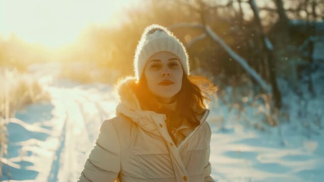 A woman bundled up for cold weather with a hooded jacket stands on snowy ground and gazes off into the distance where the sun is rising. Her eyes are closed as she takes in the warmth of its glow.