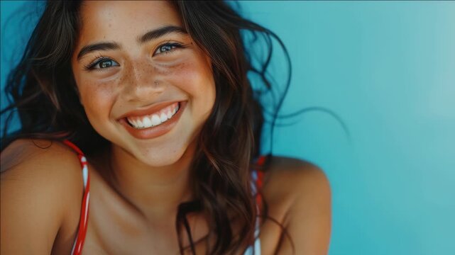 A cheerful young lady with light brown hair and a nose piercing smiling for the camera against a blue background.