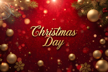 Bright Christmas Day Background with Gold Ornaments and Pine