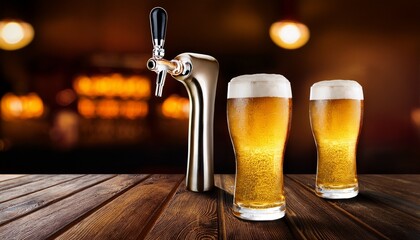 Two Glasses Of Beer On A Bar Table Beer Tap On Background