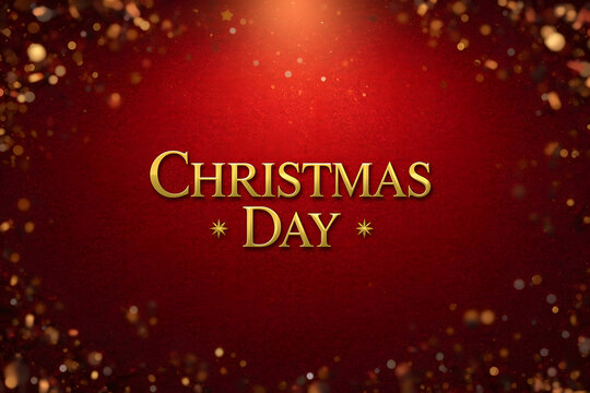 Golden Christmas Day Text on Red Glitter Bokeh Background