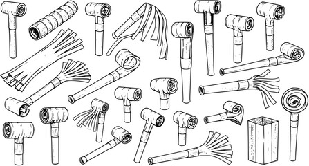 Black and White Line Art Hand Drawn Collection of Various Party Blowers and Festive Noise Makers. Outline Sketch for Celebrations and Events.