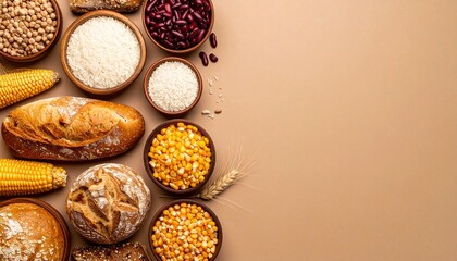 Abundant collection of grain and starchy foods with bread corn rice beans and chickpeas on earth toned background