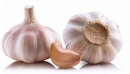 Whole Garlic Bulb With Two Separated Cloves On Transparent Background