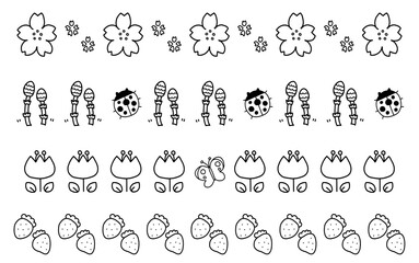 手描き線画の春モチーフ装飾ライン4本セット（桜・つくし・チューリップ・いちご）モノクロ / Hand-drawn spring decorative line set, monochrome (cherry blossom, horsetail, tulip, strawberry)