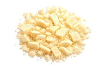 White chocolate chunks and grated pieces forming a heap. Sweet dessert ingredient on transparent background