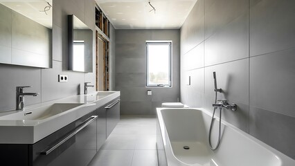 Contemporary bathroom interior design with double vanity sinks, a stylish bathtub, and minimalist gray tiling, reflecting a modern and functional aesthetic in a clean space