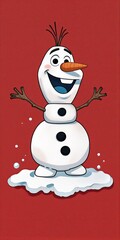 Joyful snowman Olaf smiles, arms raised, melting slightly on vibrant red background.