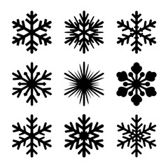 Nine black geometric snowflake silhouettes arranged in a 3x3 grid