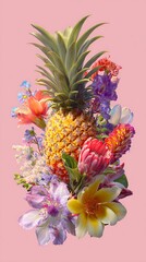 Fototapeta premium Exotic Pineapple Surrounded by Vibrant Flowers on a Pink Background Still Life Photography